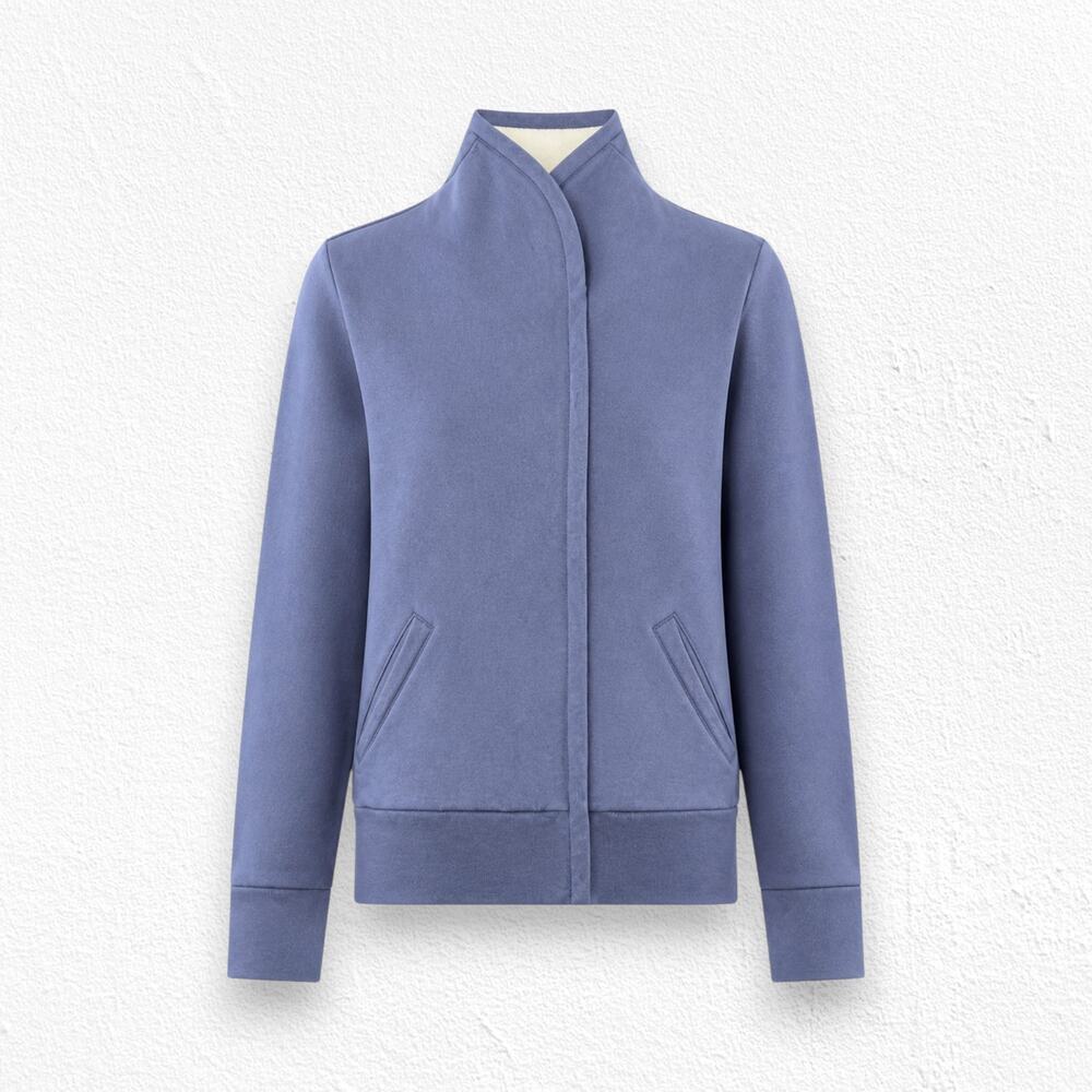 Y2K St John Sport Blue Cotton Knit Jacket Plush Collar Asym Zip Size Medium USA